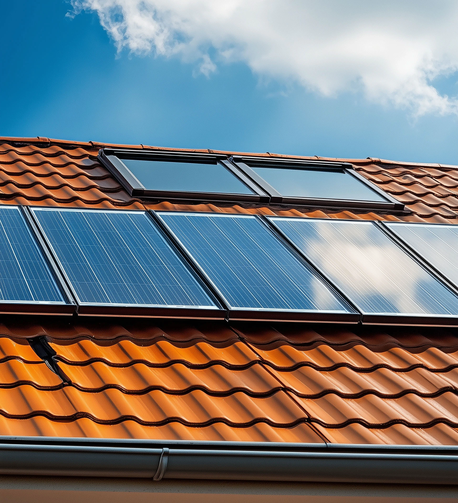 Toit de maison avec des tuiles équipé de panneaux solaires et de fenêtres de toit